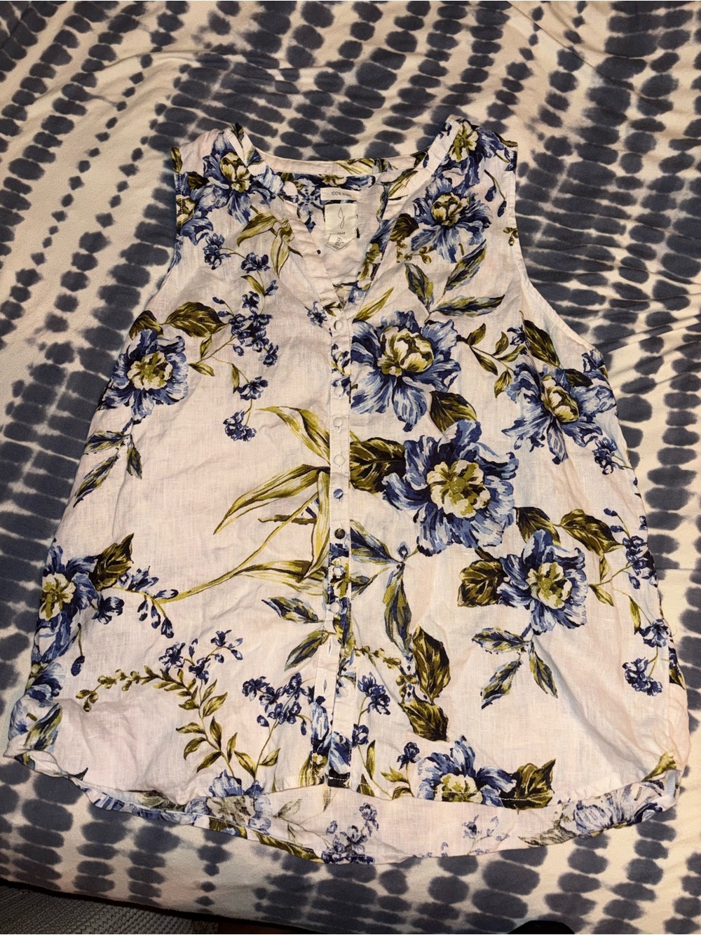 Joie White Floral Button-Front 100% Linen with Blue and Green Print